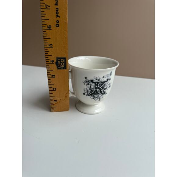 Anthropologie Initial K Mug | White Pedestal Coffee Cup | Black Floral Monogram - Picture 7 of 7